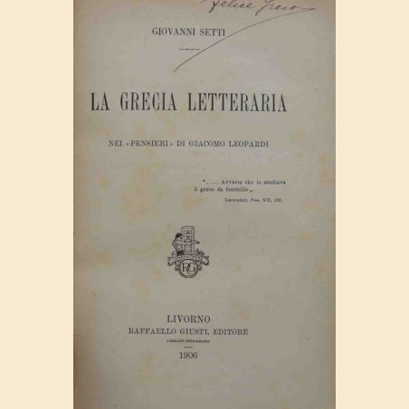 Setti, La Grecia letteraria nei Pensieri di Giacomo Leopardi