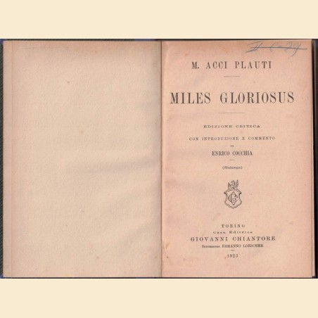 Plauto (Plautus), Miles gloriosus, edizione critica con introduzione e commento di E. Cocchia