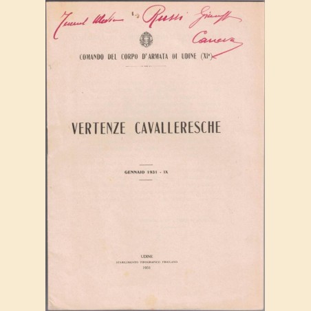 Comando del Corpo d’Armata di Udine (XI.), Vertenze cavalleresche. Gennaio 1931