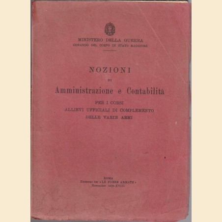 Ministero della Guerra, Nozioni di amministrazione e contabilità per i corsi Allievi Ufficiali di Complemento