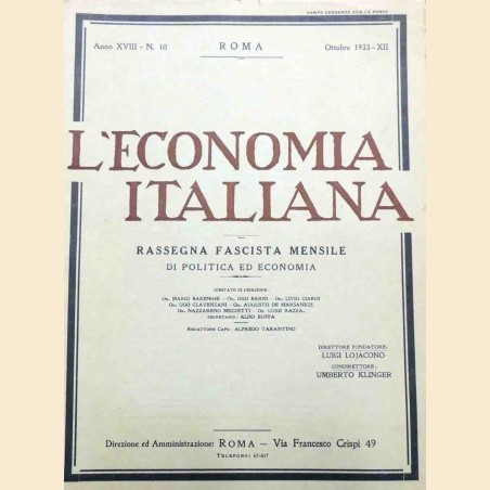 L’economia italiana. Rassegna fascista mensile di politica ed economia, a. XVIII, n. 10, ottobre 1933