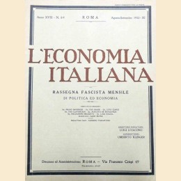 L’economia italiana. Rassegna fascista mensile di politica ed economia, a. XVIII, n. 8-9, agosto-settembre 1933