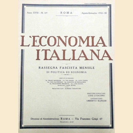 L’economia italiana. Rassegna fascista mensile di politica ed economia, a. XVIII, n. 8-9, agosto-settembre 1933