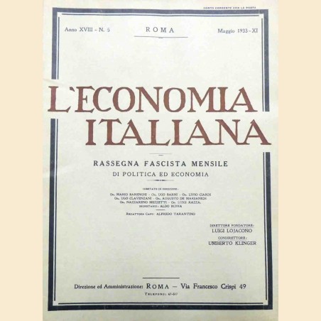 L’economia italiana. Rassegna fascista mensile di politica ed economia, a. XVIII, n. 5, maggio 1933