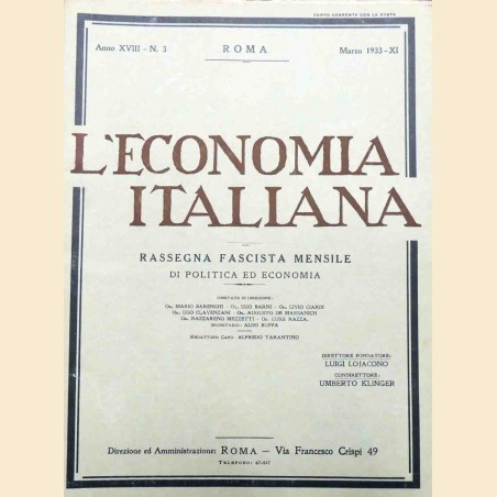 L’economia italiana. Rassegna fascista mensile di politica ed economia, a. XVIII, n. 3, marzo 1933