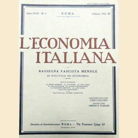 L’economia italiana. Rassegna fascista mensile di politica ed economia, a. XVIII, n. 2, febbraio 1933