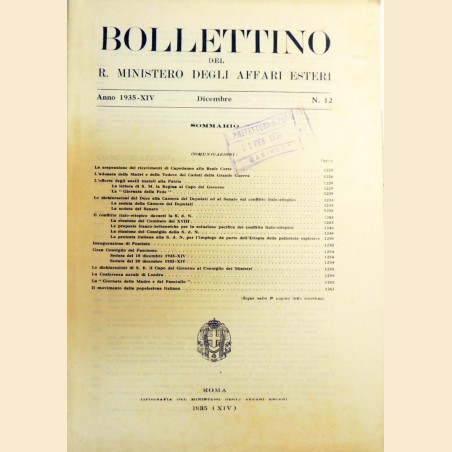 Bollettino del Ministero degli Affari Esteri, n. 12, dicembre 1935