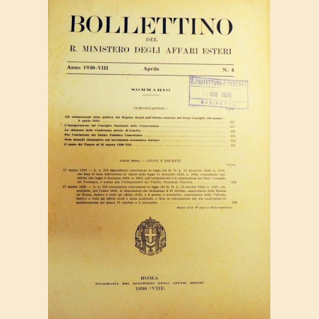 Bollettino del Ministero degli Affari Esteri, n. 4, aprile 1930